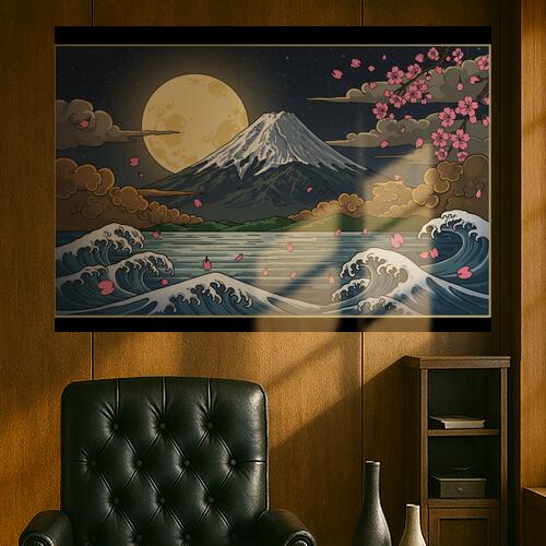 富士山 月 波 桜 雲 タペストリー 和モダン 和柄 浮世絵風 刺青風 昭和レトロ 壁掛け 大判 長方形 タトゥー ジャパニーズ 男気 アウトロー 壁布 白 グレー 青