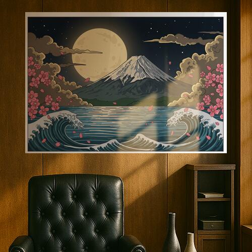 富士山 月 波 桜 雲 タペストリー 和モダン 和柄 浮世絵風 刺青風 昭和レトロ 壁掛け 大判 長方形 タトゥー ジャパニーズ 男気 アウトロー 壁布 紺 白 グレー