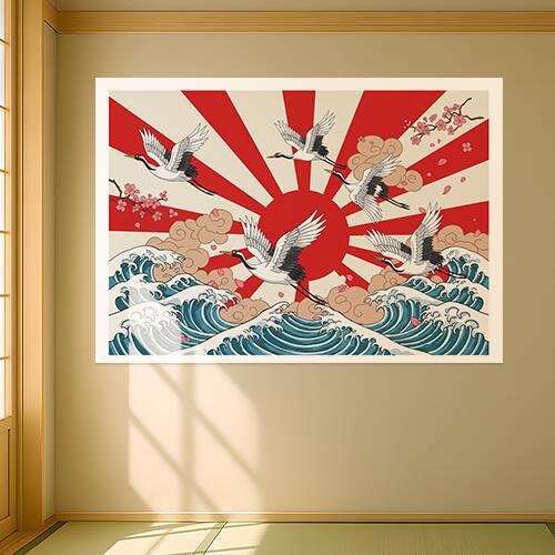 鶴 波 桜 太陽 雲 タペストリー 和モダン 和柄 浮世絵風 刺青風 昭和レトロ 壁掛け 大判 長方形 タトゥー ジャパニーズ 男気 アウトロー 壁布 白 赤 ベージュ