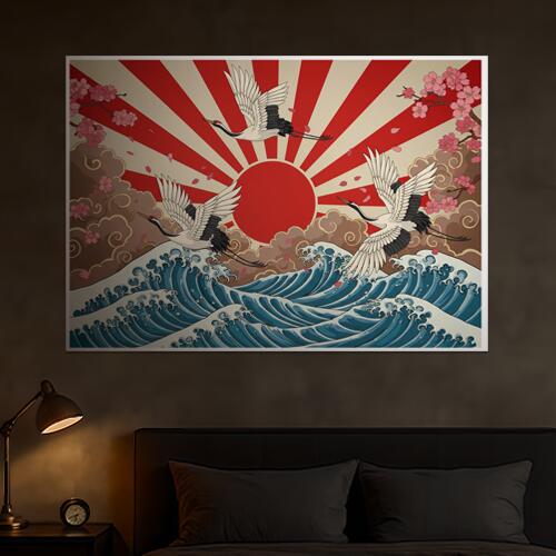 鶴 波 太陽 桜 雲 タペストリー 和モダン 和柄 浮世絵風 刺青風 昭和レトロ 壁掛け 大判 長方形 タトゥー ジャパニーズ 男気 アウトロー 壁布 赤 白 ベージュ