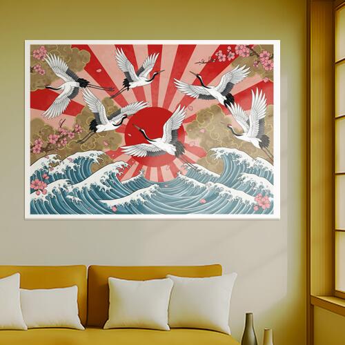 鶴 波 太陽 桜 雲 タペストリー 和モダン 和柄 浮世絵風 刺青風 昭和レトロ 壁掛け 大判 長方形 タトゥー ジャパニーズ 男気 アウトロー 壁布 白 黒 赤