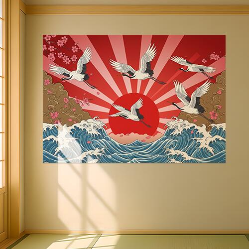 鶴 波 太陽 桜 雲 タペストリー 和モダン 和柄 浮世絵風 刺青風 昭和レトロ 壁掛け 大判 長方形 タトゥー ジャパニーズ 男気 アウトロー 壁布 白 黒 赤
