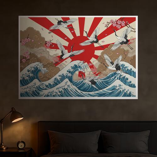 鶴 波 太陽 雲 桜 タペストリー 和モダン 和柄 浮世絵風 刺青風 昭和レトロ 壁掛け 大判 長方形 タトゥー ジャパニーズ 男気 アウトロー 壁布 青 白 グレー