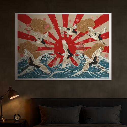 鶴 波 桜 太陽 雲 タペストリー 和モダン 和柄 浮世絵風 刺青風 昭和レトロ 壁掛け 大判 長方形 タトゥー ジャパニーズ 男気 アウトロー 壁布 赤 白 ベージュ