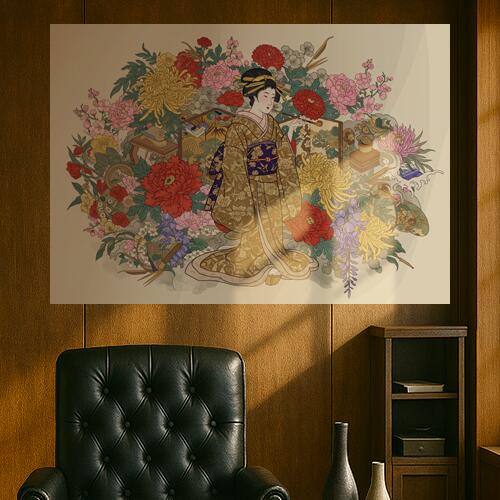 芸者 着物 花 屏風 煙管 タペストリー 和モダン 和柄 浮世絵風 刺青風 昭和レトロ 壁掛け 大判 長方形 タトゥー ジャパニーズ 男気 アウトロー 壁布 赤 ピンク 黄色