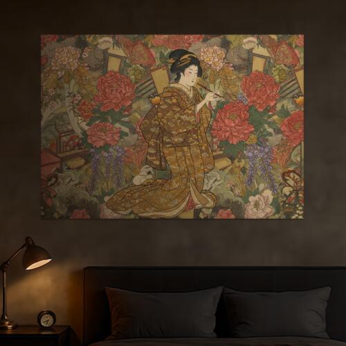 芸者 着物 花 牡丹 日本画 タペストリー 和モダン 和柄 浮世絵風 刺青風 昭和レトロ 壁掛け 大判 長方形 タトゥー ジャパニーズ 男気 アウトロー 壁布 ベージュ 茶色 ピンク