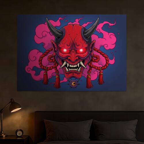 鬼 般若 悪魔 妖怪 伝説 タペストリー 和モダン 和柄 浮世絵風 刺青風 昭和レトロ 壁掛け 大判 長方形 タトゥー ジャパニーズ 男気 アウトロー 壁布 赤 ピンク 黒