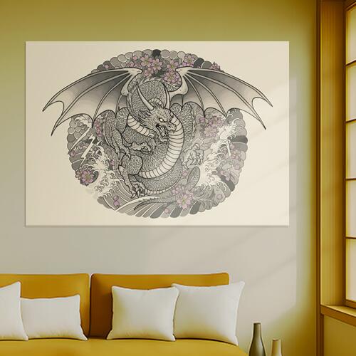 龍 桜 波 雷 雲 タペストリー 和モダン 和柄 浮世絵風 刺青風 昭和レトロ 壁掛け 大判 長方形 タトゥー ジャパニーズ 男気 アウトロー 壁布 グレー ピンク ベージュ