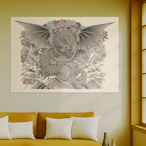 龍 桜 波 雷 雲 タペストリー 和モダン 和柄 浮世絵風 刺青風 昭和レトロ 壁掛け 大判 長方形 タトゥー ジャパニーズ 男気 アウトロー 壁布 グレー ピンク ベージュ