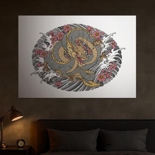 龍 桜 波 鱗 東洋 タペストリー 和モダン 和柄 浮世絵風 刺青風 昭和レトロ 壁掛け 大判 長方形 タトゥー ジャパニーズ 男気 アウトロー 壁布 グレー ピンク 黄色