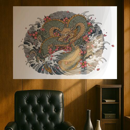 龍 桜 波 雲 鱗 タペストリー 和モダン 和柄 浮世絵風 刺青風 昭和レトロ 壁掛け 大判 長方形 タトゥー..