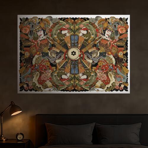 歌舞伎 扇子 太鼓 花 日本美術 タペストリー 和モダン 和柄 浮世絵風 刺青風 昭和レトロ 壁掛け 大判 長方形 タトゥー ジャパニーズ 男気 アウトロー 壁布 赤 白 黒