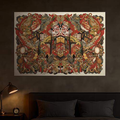 能面 扇子 龍 日本家屋 太鼓 タペストリー 和モダン 和柄 浮世絵風 刺青風 昭和レトロ 壁掛け 大判 長方形 タトゥー ジャパニーズ 男気 アウトロー 壁布 赤 白 黒