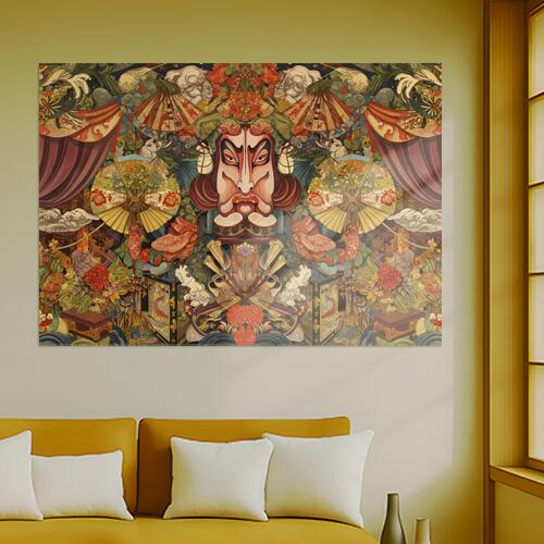 歌舞伎 隈取 能 日本美術 伝統芸能 タペストリー 和モダン 和柄 浮世絵風 刺青風 昭和レトロ 壁掛け 大..