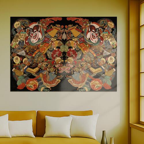 歌舞伎 能 日本美術 伝統芸能 仮面 タペストリー 和モダン 和柄 浮世絵風 刺青風 昭和レトロ 壁掛け 大..