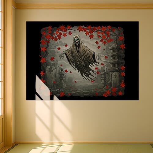 幽霊 墓地 紅葉 塔 死 タペストリー 和モダン 和柄 浮世絵風 刺青風 昭和レトロ 壁掛け 大判 長方形 タトゥー ジャパニーズ 男気 アウトロー 壁布 グレー 赤 黒