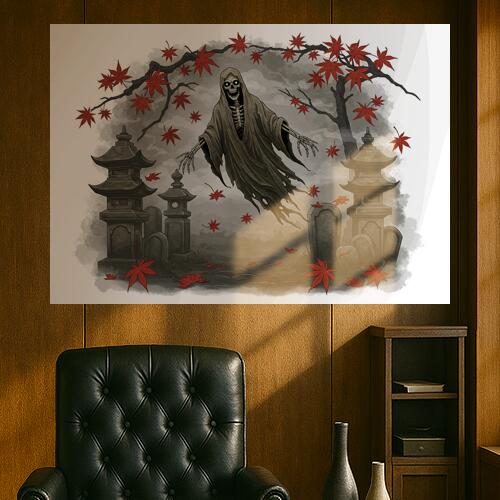 幽霊 墓地 紅葉 灯篭 死 タペストリー 和モダン 和柄 浮世絵風 刺青風 昭和レトロ 壁掛け 大判 長方形 タトゥー ジャパニーズ 男気 アウトロー 壁布 グレー 赤 黒