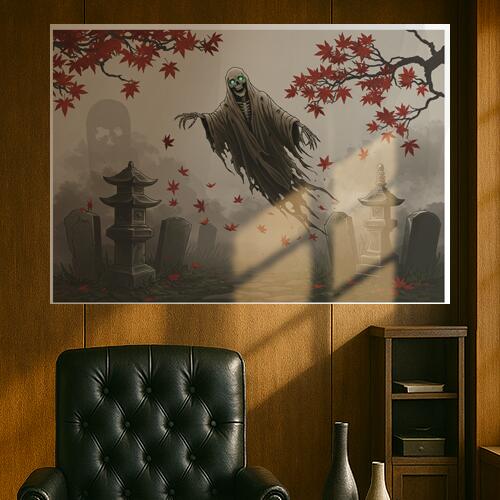 幽霊 墓石 灯篭 紅葉 霊園 タペストリー 和モダン 和柄 浮世絵風 刺青風 昭和レトロ 壁掛け 大判 長方形 タトゥー ジャパニーズ 男気 アウトロー 壁布 グレー 赤