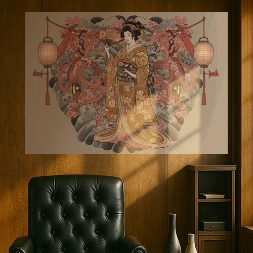 芸者 着物 桜 提灯 扇子 タペストリー 和モダン 和柄 浮世絵風 刺青風 昭和レトロ 壁掛け 大判 長方形 タトゥー ジャパニーズ 男気 アウトロー 壁布 ベージュ ピンク オレンジ