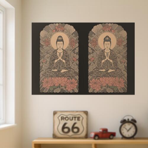 仏像 蓮 悟り 平和 瞑想 タペストリー 和モダン 和柄 浮世絵風 刺青風 昭和レトロ 壁掛け 大判 長方形 ..