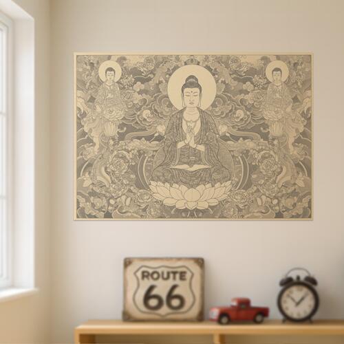 仏陀 蓮 悟り 瞑想 平和 タペストリー 和モダン 和柄 浮世絵風 刺青風 昭和レトロ 壁掛け 大判 長方形 タトゥー ジャパニーズ 男気 アウトロー 壁布 ベージュ グレー 白