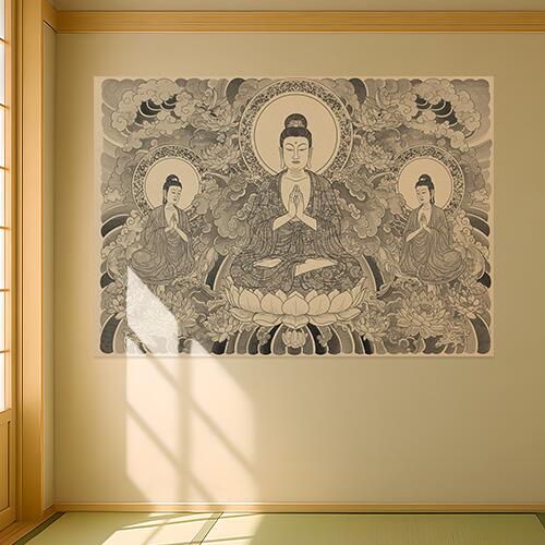 仏像 蓮 悟り 平和 瞑想 タペストリー 和モダン 和柄 浮世絵風 刺青風 昭和レトロ 壁掛け 大判 長方形 ..