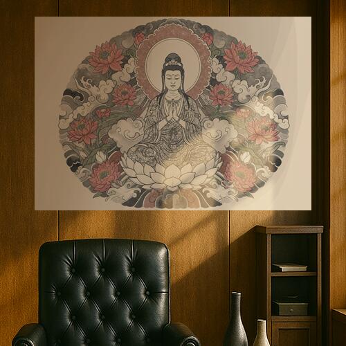 仏陀 蓮の花 悟り 平和 瞑想 タペストリー 和モダン 和柄 浮世絵風 刺青風 昭和レトロ 壁掛け 大判 長方形 タトゥー ジャパニーズ 男気 アウトロー 壁布 ベージュ グレー 赤