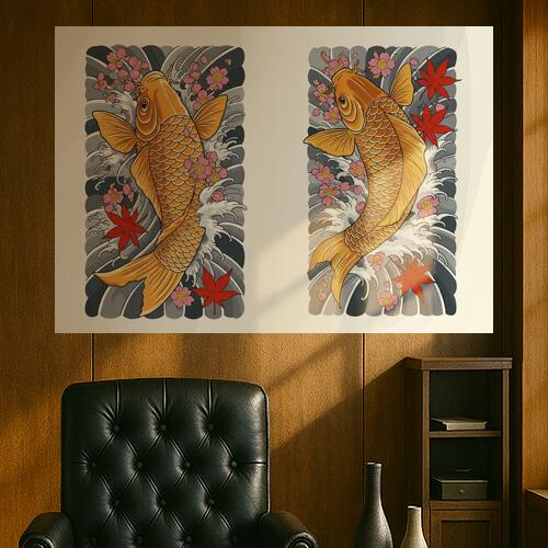 鯉 桜 紅葉 波 日本画 タペストリー 和モダン 和柄 浮世絵風 刺青風 昭和レトロ 壁掛け 大判 長方形 タトゥー ジャパニーズ 男気 アウトロー 壁布 オレンジ ピンク グレー