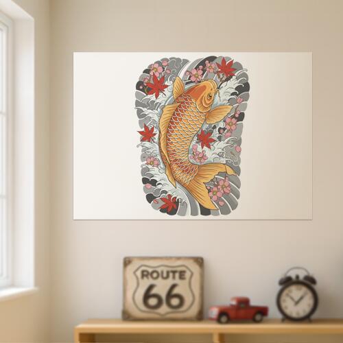 鯉 桜 紅葉 波 日本画 タペストリー 和モダン 和柄 浮世絵風 刺青風 昭和レトロ 壁掛け 大判 長方形 タトゥー ジャパニーズ 男気 アウトロー 壁布 オレンジ 赤 ピンク