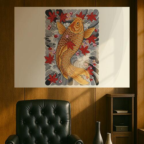 鯉 紅葉 波 桜 錦鯉 タペストリー 和モダン 和柄 浮世絵風 刺青風 昭和レトロ 壁掛け 大判 長方形 タトゥー ジャパニーズ 男気 アウトロー 壁布 オレンジ 赤 ピンク