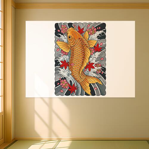 鯉 桜 紅葉 波 日本画 タペストリー 和モダン 和柄 浮世絵風 刺青風 昭和レトロ 壁掛け 大判 長方形 タトゥー ジャパニーズ 男気 アウトロー 壁布 オレンジ 赤 ピンク