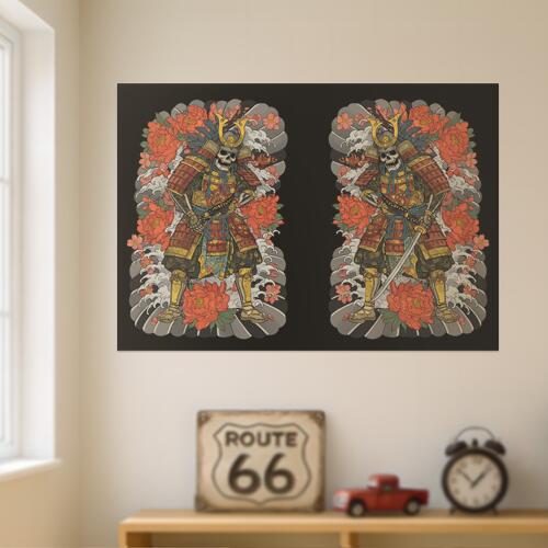 侍 武士道 死 骸骨 花 タペストリー 和モダン 和柄 浮世絵風 刺青風 昭和レトロ 壁掛け 大判 長方形 タ..