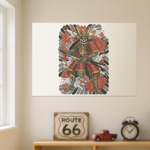 侍 武士道 髑髏 花 波 タペストリー 和モダン 和柄 浮世絵風 刺青風 昭和レトロ 壁掛け 大判 長方形 タ..