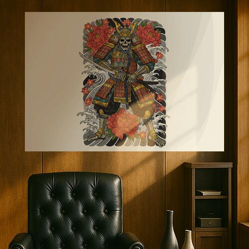 侍 武士道 骸骨 花 波 タペストリー 和モダン 和柄 浮世絵風 刺青風 昭和レトロ 壁掛け 大判 長方形 タ..