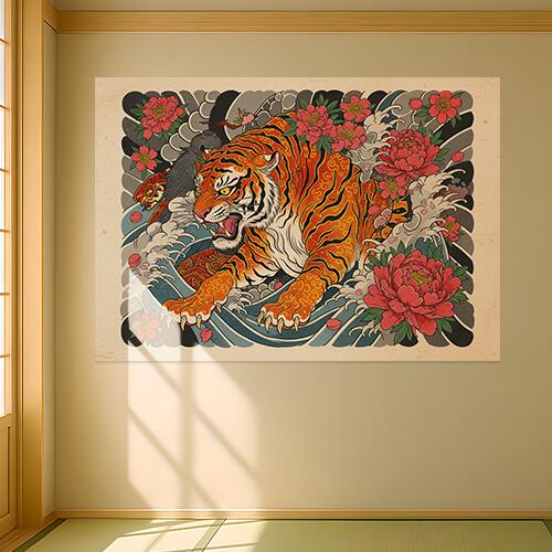 虎 花 波 龍 牡丹 タペストリー 和モダン 和柄 浮世絵風 刺青風 昭和レトロ 壁掛け 大判 長方形 タトゥ..