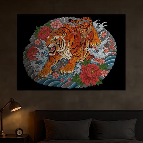 虎 花 波 牡丹 桜 タペストリー 和モダン 和柄 浮世絵風 刺青風 昭和レトロ 壁掛け 大判 長方形 タトゥ..