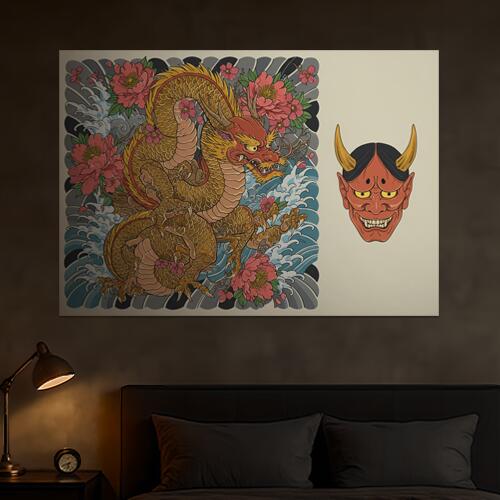 龍 鬼 花 波 伝統 タペストリー 和モダン 和柄 浮世絵風 刺青風 昭和レトロ 壁掛け 大判 長方形 タトゥー ジャパニーズ 男気 アウトロー 壁布 赤 黄色 ベージュ