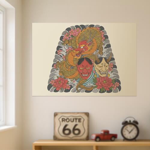 龍 鬼 花 波 和柄 タペストリー 和モダン 浮世絵風 刺青風 昭和レトロ 壁掛け 大判 長方形 タトゥー ジャパニーズ 男気 アウトロー 壁布 赤 オレンジ 黄色