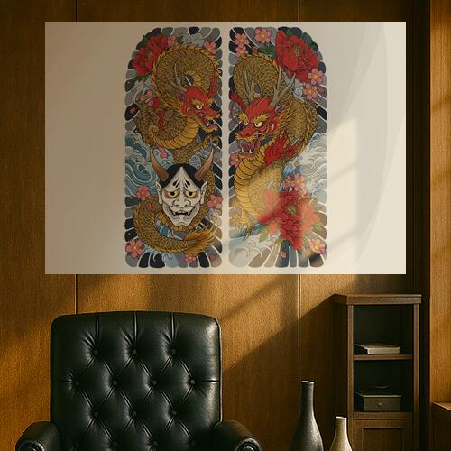 龍 鬼 花 波 伝統 タペストリー 和モダン 和柄 浮世絵風 刺青風 昭和レトロ 壁掛け 大判 長方形 タトゥ..