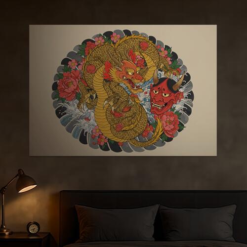 龍 鬼 花 波 和柄 タペストリー 和モダン 浮世絵風 刺青風 昭和レトロ 壁掛け 大判 長方形 タトゥー ジャパニーズ 男気 アウトロー 壁布 赤 オレンジ 黄色