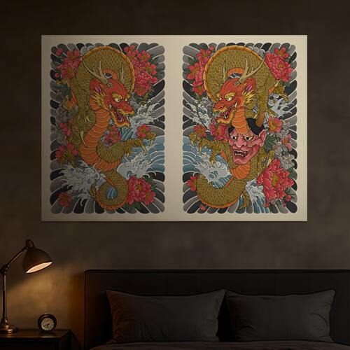 龍 牡丹 波 鬼 妖怪 タペストリー 和モダン 和柄 浮世絵風 刺青風 昭和レトロ 壁掛け 大判 長方形 タトゥー ジャパニーズ 男気 アウトロー 壁布 赤 オレンジ 黄色