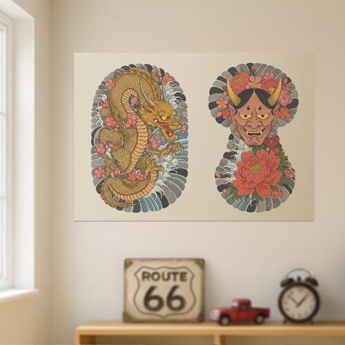 龍 鬼 花 波 和柄 タペストリー 和モダン 浮世絵風 刺青風 昭和レトロ 壁掛け 大判 長方形 タトゥー ジャパニーズ 男気 アウトロー 壁布 黄色 赤 ピンク