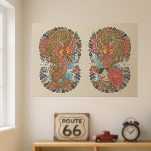 龍 牡丹 波 般若 鱗 タペストリー 和モダン 和柄 浮世絵風 刺青風 昭和レトロ 壁掛け 大判 長方形 タトゥー ジャパニーズ 男気 アウトロー 壁布 赤 オレンジ 黄色