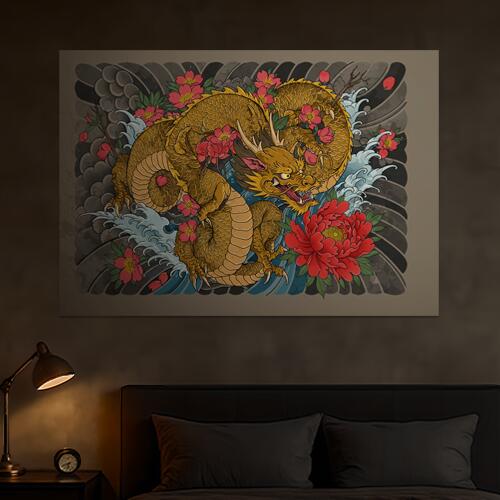 龍 桜 波 牡丹 幸運 タペストリー 和モダン 和柄 浮世絵風 刺青風 昭和レトロ 壁掛け 大判 長方形 タト..