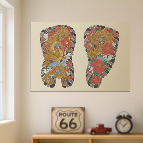 龍 竜 花 波 伝統 タペストリー 和モダン 和柄 浮世絵風 刺青風 昭和レトロ 壁掛け 大判 長方形 タトゥー ジャパニーズ 男気 アウトロー 壁布 赤 オレンジ 黄色