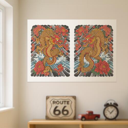 龍 花 波 牡丹 鱗 タペストリー 和モダン 和柄 浮世絵風 刺青風 昭和レトロ 壁掛け 大判 長方形 タトゥー ジャパニーズ 男気 アウトロー 壁布 赤 オレンジ 黄色