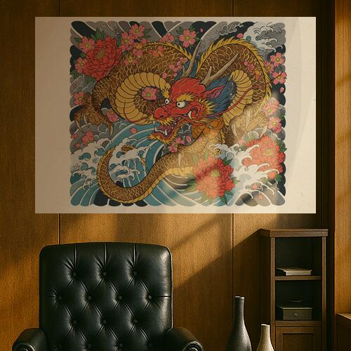 龍 竜 花 波 雲 タペストリー 和モダン 和柄 浮世絵風 刺青風 昭和レトロ 壁掛け 大判 長方形 タトゥー ジャパニーズ 男気 アウトロー 壁布 赤 黄色 ベージュ