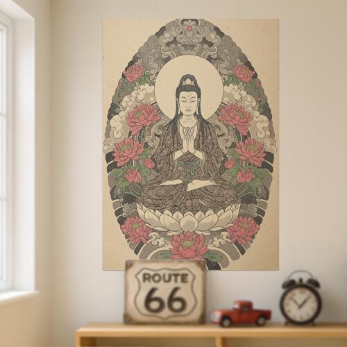 仏陀 蓮の花 瞑想 平和 悟り タペストリー 和モダン 和柄 浮世絵風 刺青風 昭和レトロ 壁掛け 大判 長方形 タトゥー ジャパニーズ 男気 アウトロー 壁布 ベージュ ピンク グレー