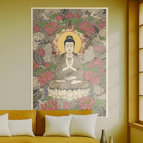 仏像 蓮 悟り 瞑想 平和 タペストリー 和モダン 和柄 浮世絵風 刺青風 昭和レトロ 壁掛け 大判 長方形 ..