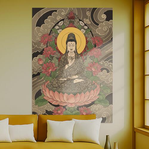 仏像 蓮 光背 瞑想 平和 タペストリー 和モダン 和柄 浮世絵風 刺青風 昭和レトロ 壁掛け 大判 長方形 ..